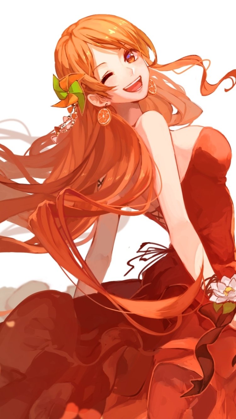 Anime phone wallpaper of Nami (One Piece): winking with long orange hair and a flowing red dress, holding flowers in a bright, cheerful pose.