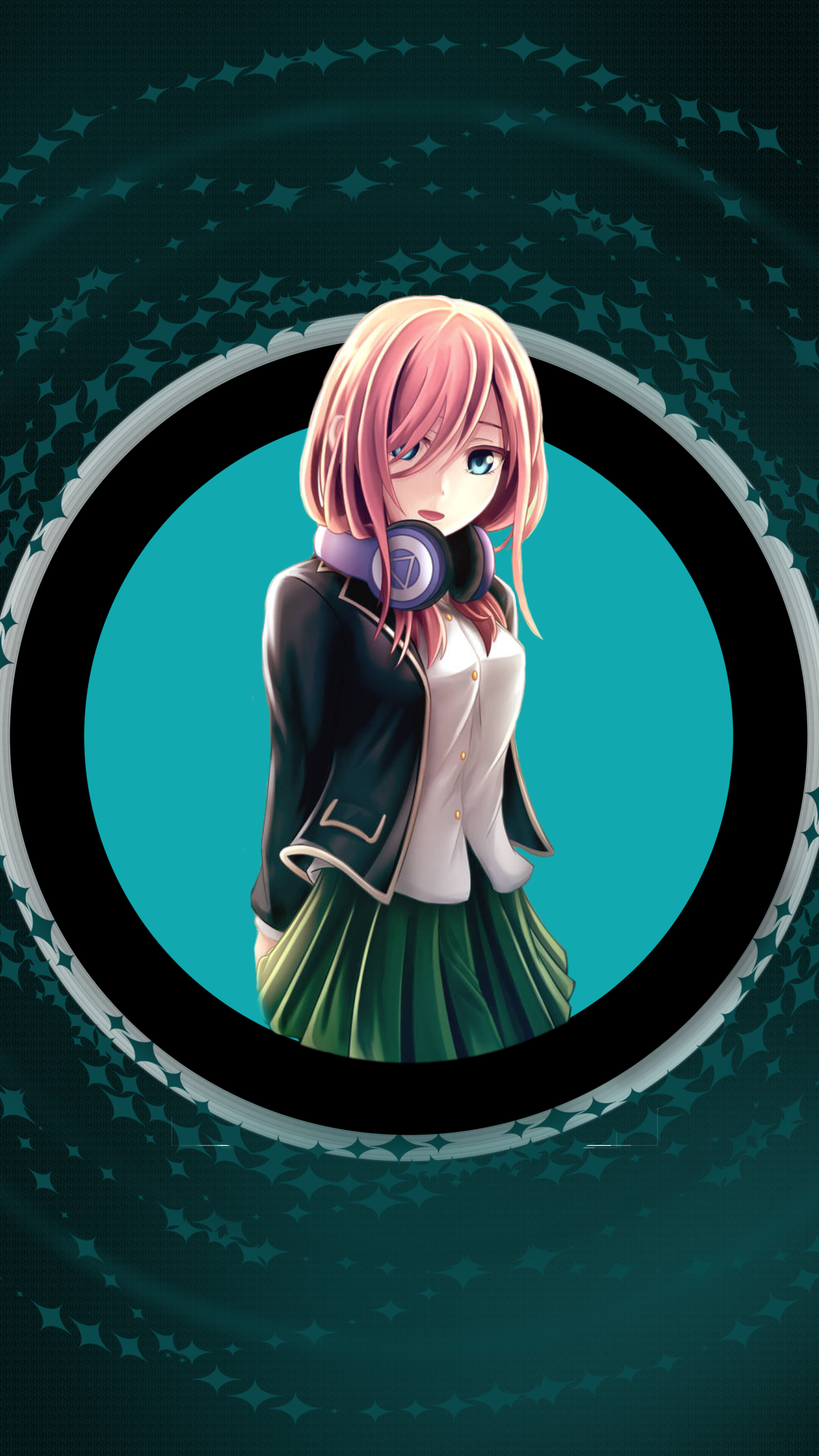 Anime wallpaper featuring a character from The Quintessential Quintuplets with headphones, set against a starry circular teal and black background for iPhone and Android phones.