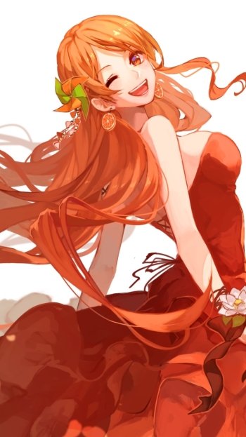 Anime phone wallpaper of Nami (One Piece): winking with long orange hair and a flowing red dress, holding flowers in a bright, cheerful pose.