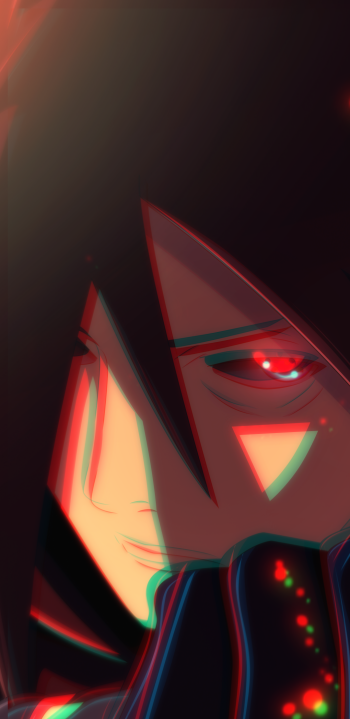 Phone wallpaper of Madara Uchiha from Naruto: close-up anime portrait with a glowing red eye, dark moody background and RGB/glitch color accents.