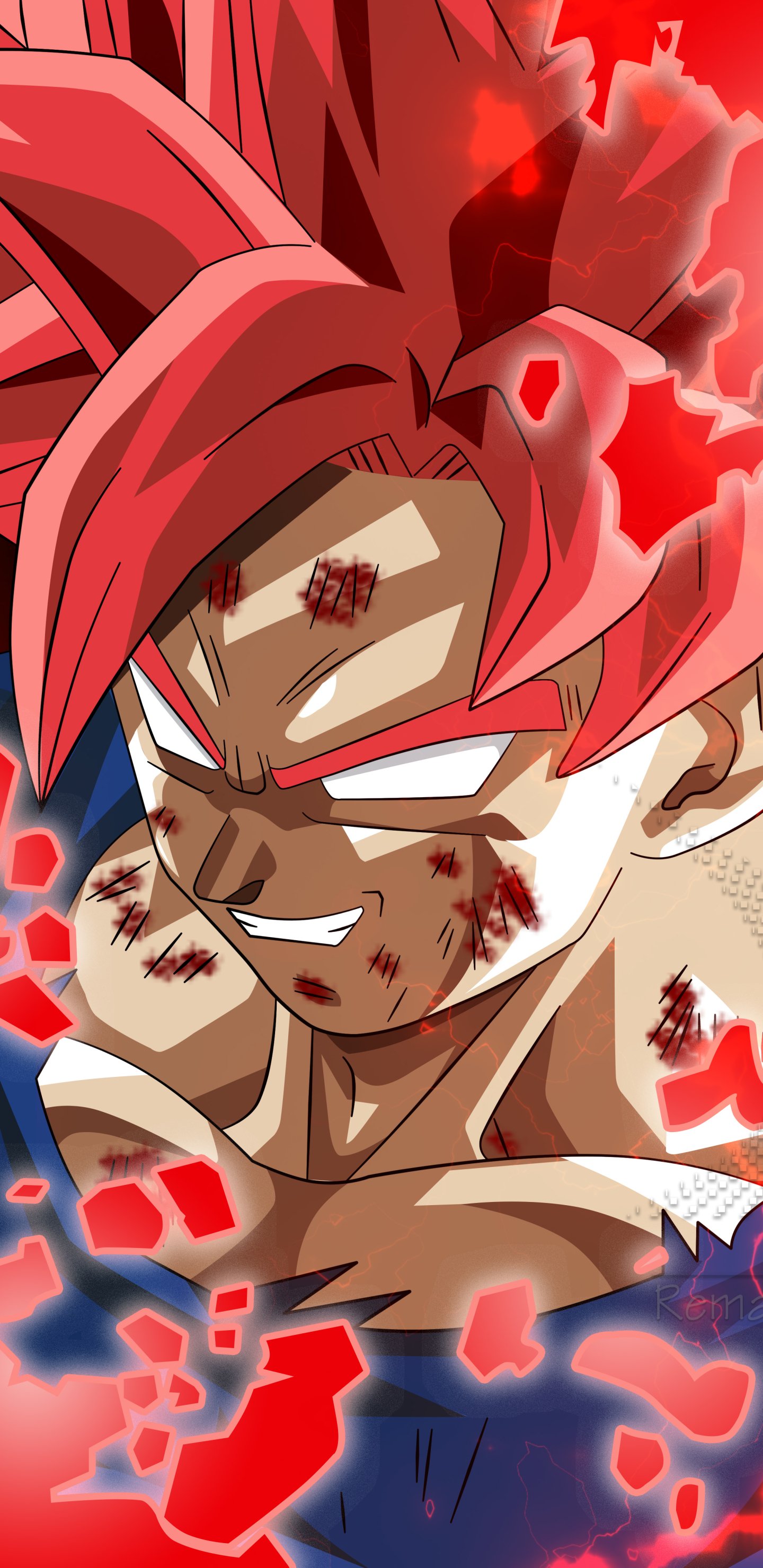 Phone wallpaper featuring Goku from Dragon Ball Super in an intense battle scene with glowing red aura, designed for iPhone and Android screens.