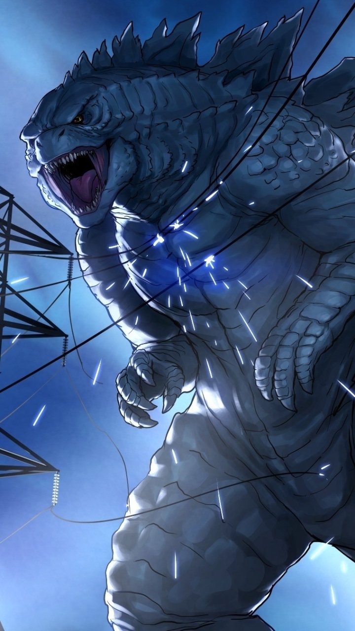 Sci-fi phone wallpaper of Godzilla roaring under blue light, towering over power lines as electricity arcs across its chest.