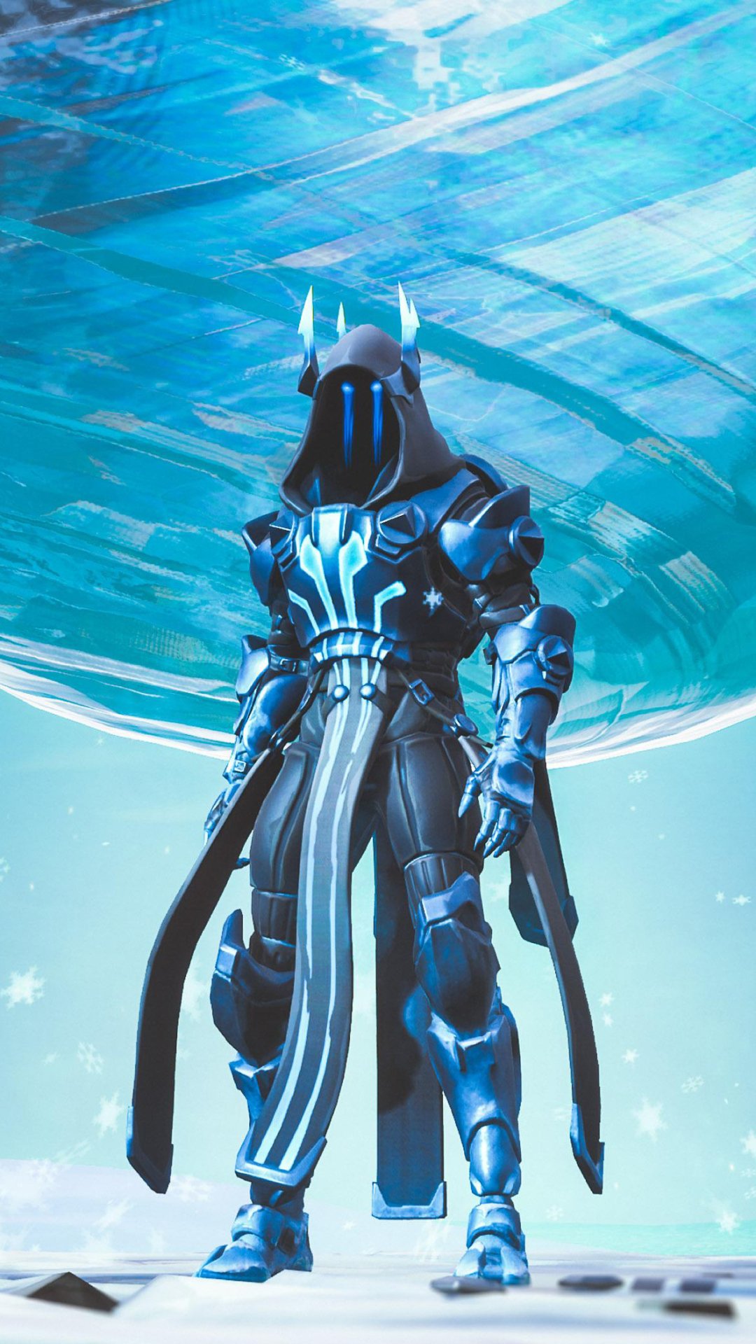 Fortnite video game iPhone wallpaper: a towering armored figure in icy blue and black armor stands before a swirling, frosty sky.