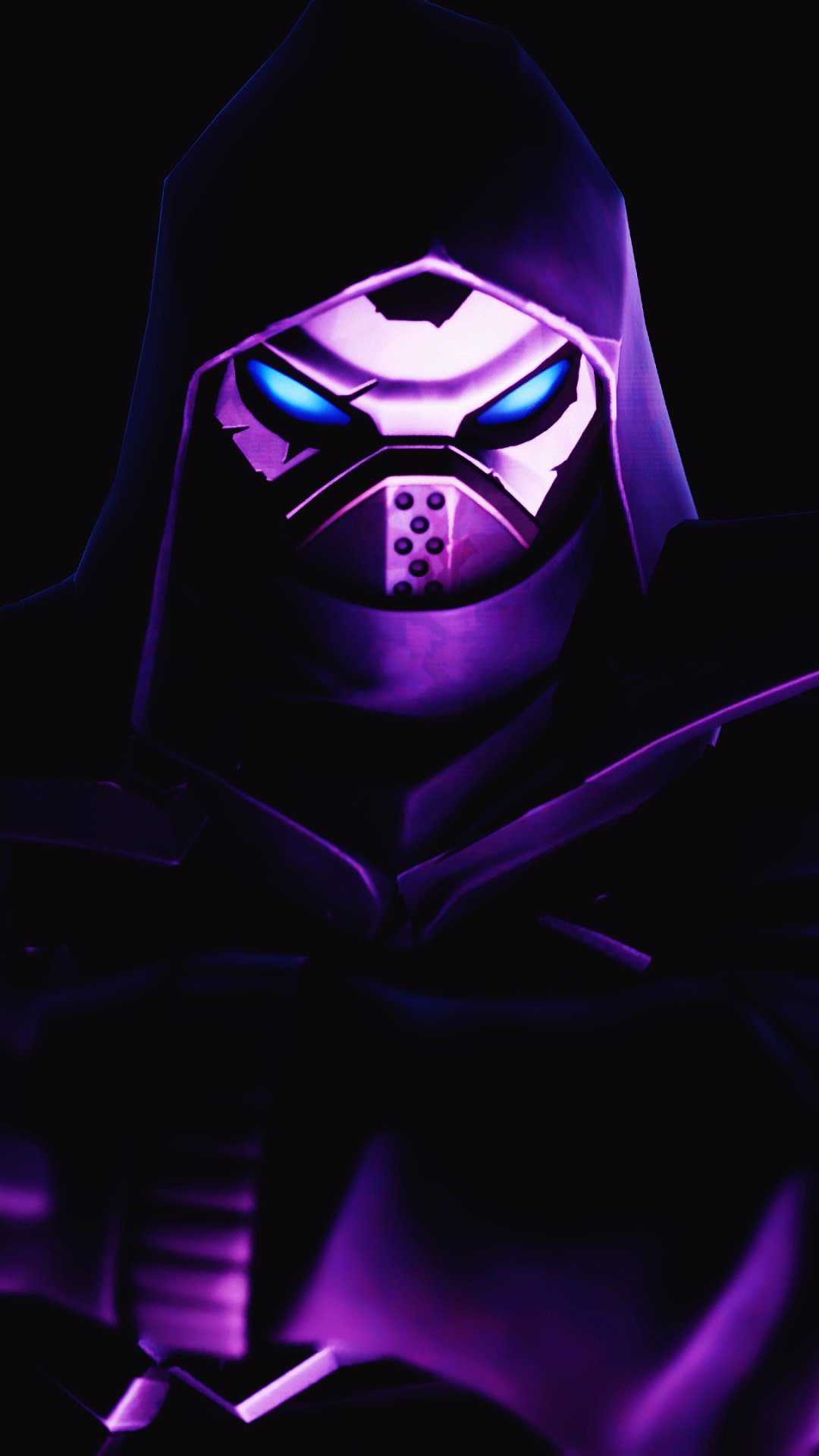Fortnite phone wallpaper: close-up of a hooded, masked video-game character with glowing blue eyes and dramatic purple lighting on a dark background.