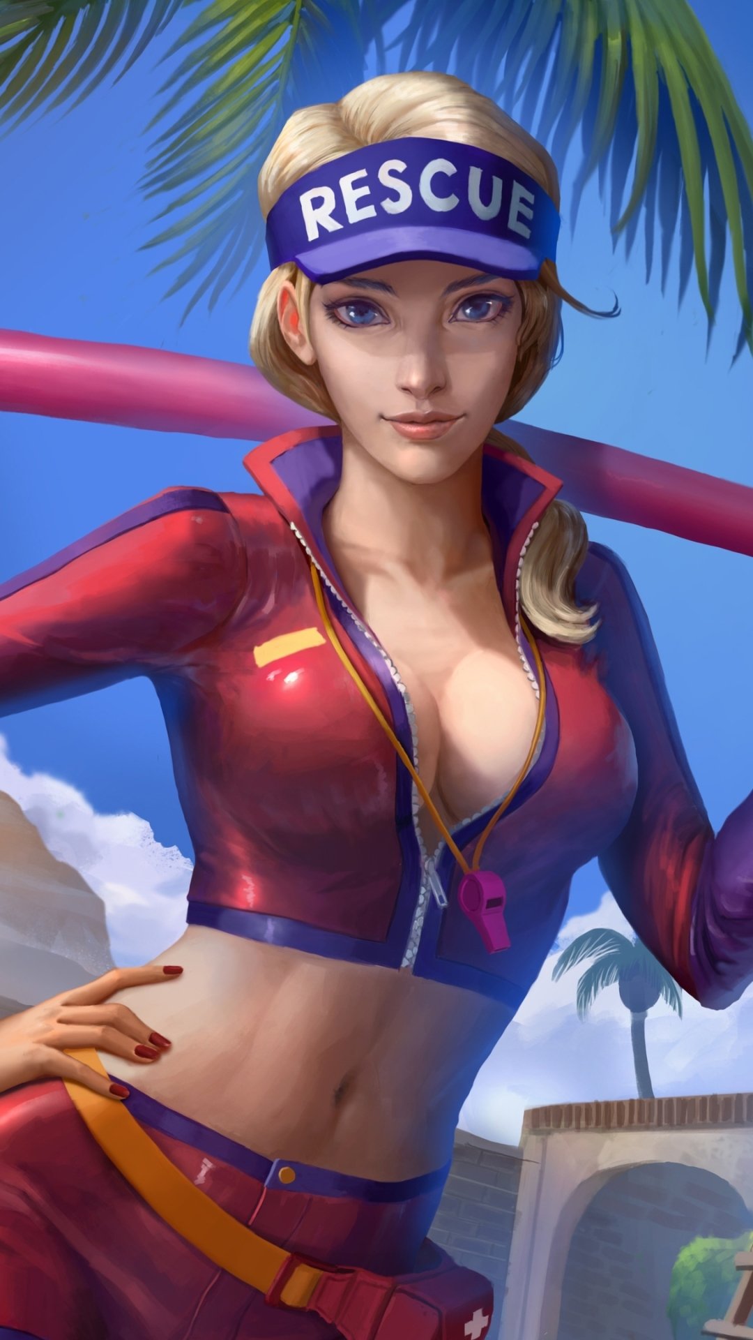 Fortnite character in a red rescue outfit and visor posed against a sunny, tropical background, designed as a vibrant phone wallpaper for iPhones and Android devices.