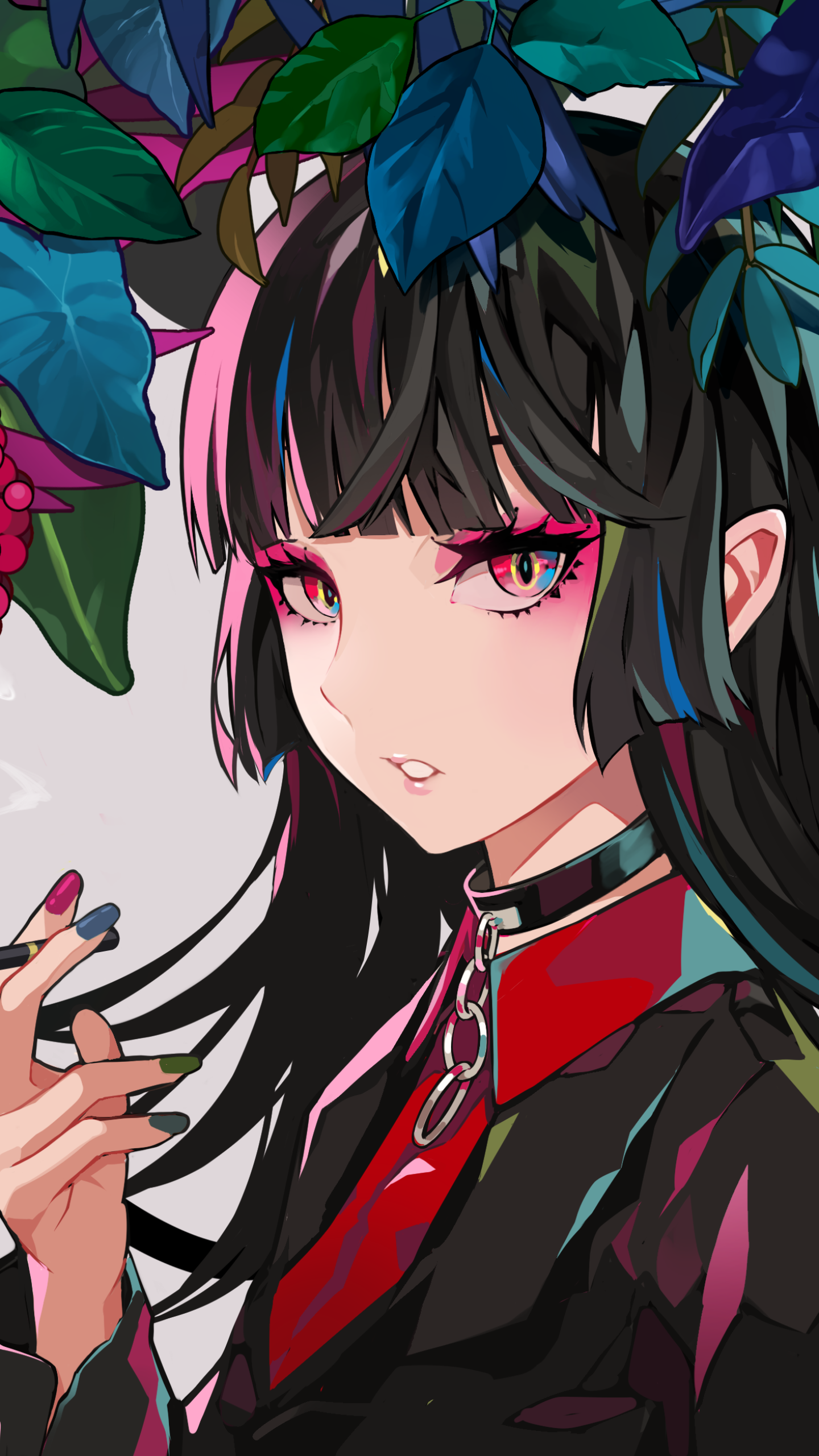 Anime-style phone wallpaper featuring an original character with long black hair, striking pink eyes, and surrounded by vibrant blue and green leaves.