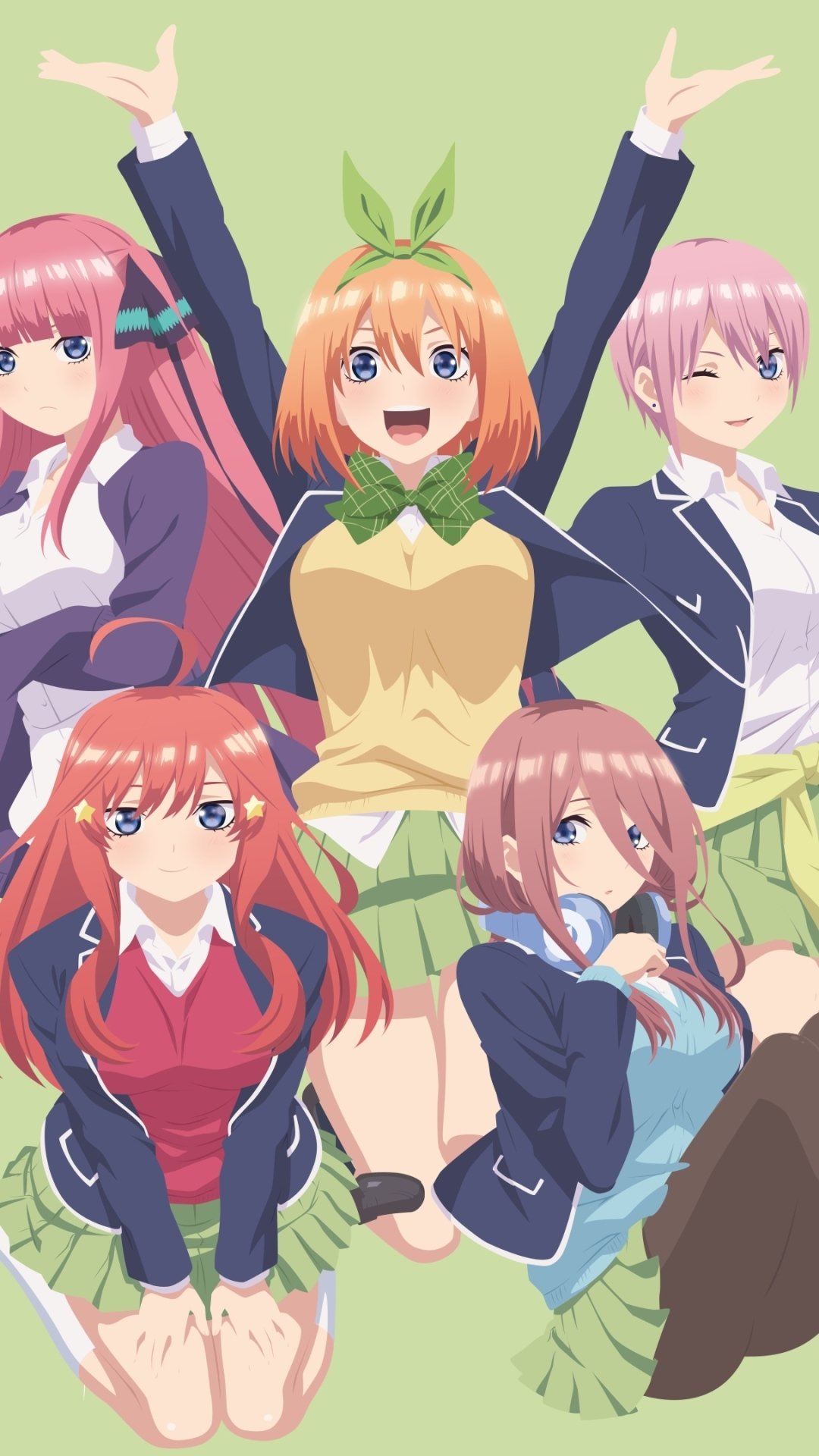 Phone wallpaper of The Quintessential Quintuplets anime: Yotsuba, Itsuki, Ichika, Miku and Nino Nakano posing cheerfully on a pale green background.