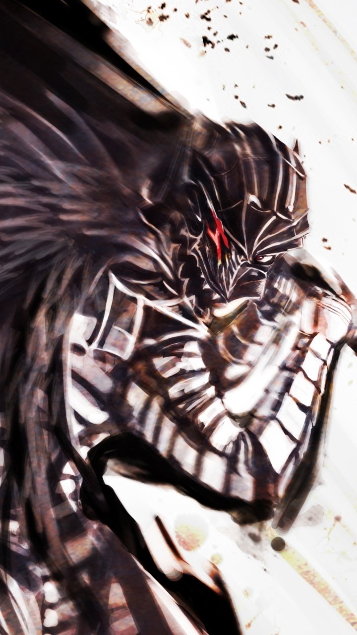 Anime Berserk phone wallpaper: dark armored warrior with flowing cape and glowing red eye, mid-charge with massive sword, gritty brushstrokes and high-contrast motion blur.