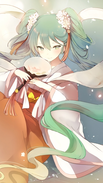Phone wallpaper featuring Hatsune Miku in anime style, with soft colors and flowing hair, designed for both iPhones and Android devices.