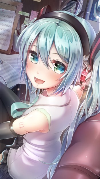 Phone wallpaper of anime Vocaloid Hatsune Miku: smiling teal twin‑tails with headphones, wearing a casual tank top, leaning toward the viewer in a cozy music studio with sheet music and soft lighting.