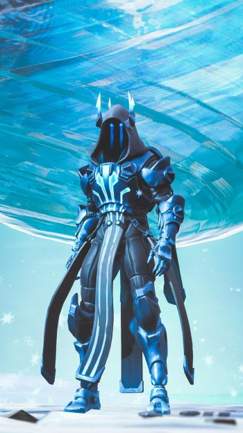 Fortnite video game iPhone wallpaper: a towering armored figure in icy blue and black armor stands before a swirling, frosty sky.