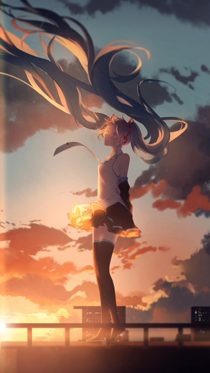 Phone wallpaper featuring Hatsune Miku from Vocaloid in an anime style, set against a dramatic sunset sky, designed to fit both iPhone and Android screens.