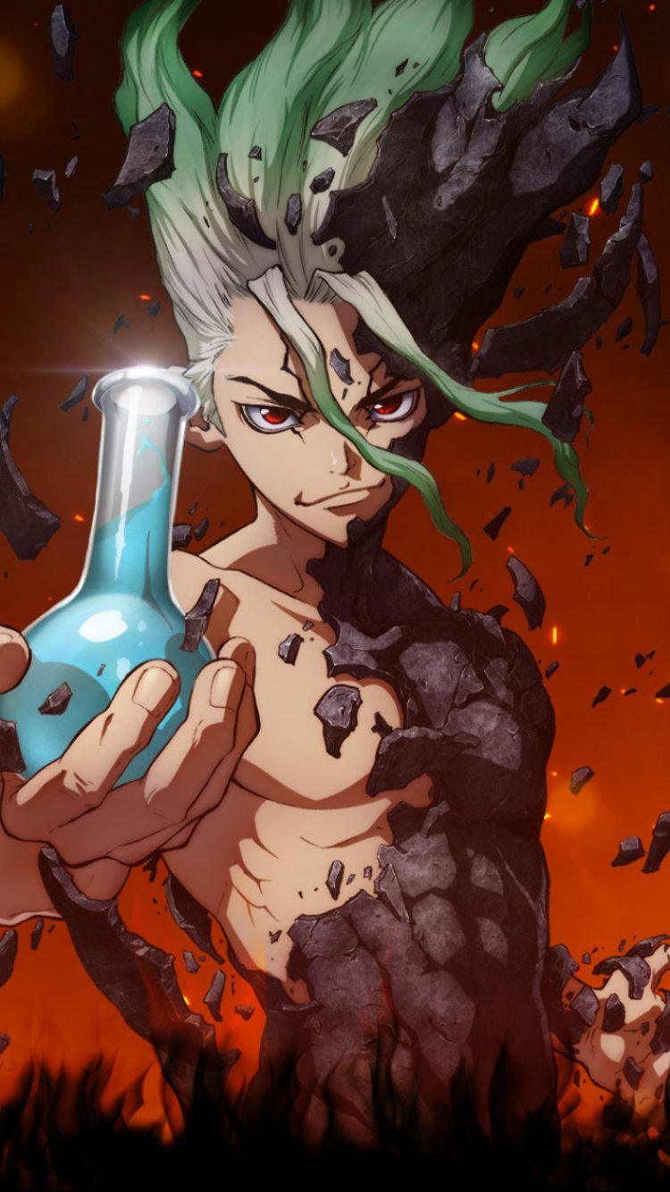 Phone wallpaper featuring Senku Ishigami from the anime Dr. Stone, with dynamic green hair and a glowing blue flask against a fiery background, compatible with iPhones and Androids.