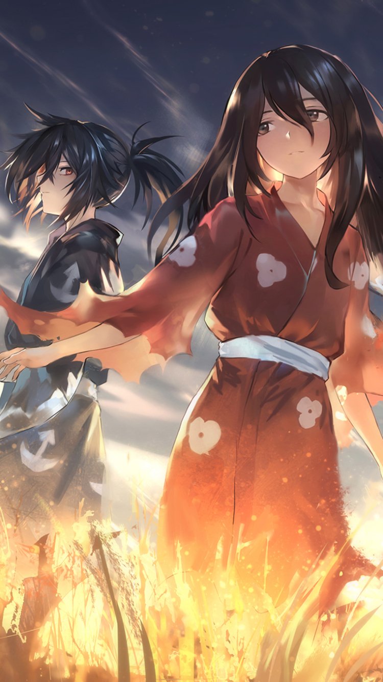 Phone wallpaper featuring Hyakkimaru and Dororo from the anime Dororo, with dynamic lighting and a dramatic sunset background, designed for iPhone and Android displays.