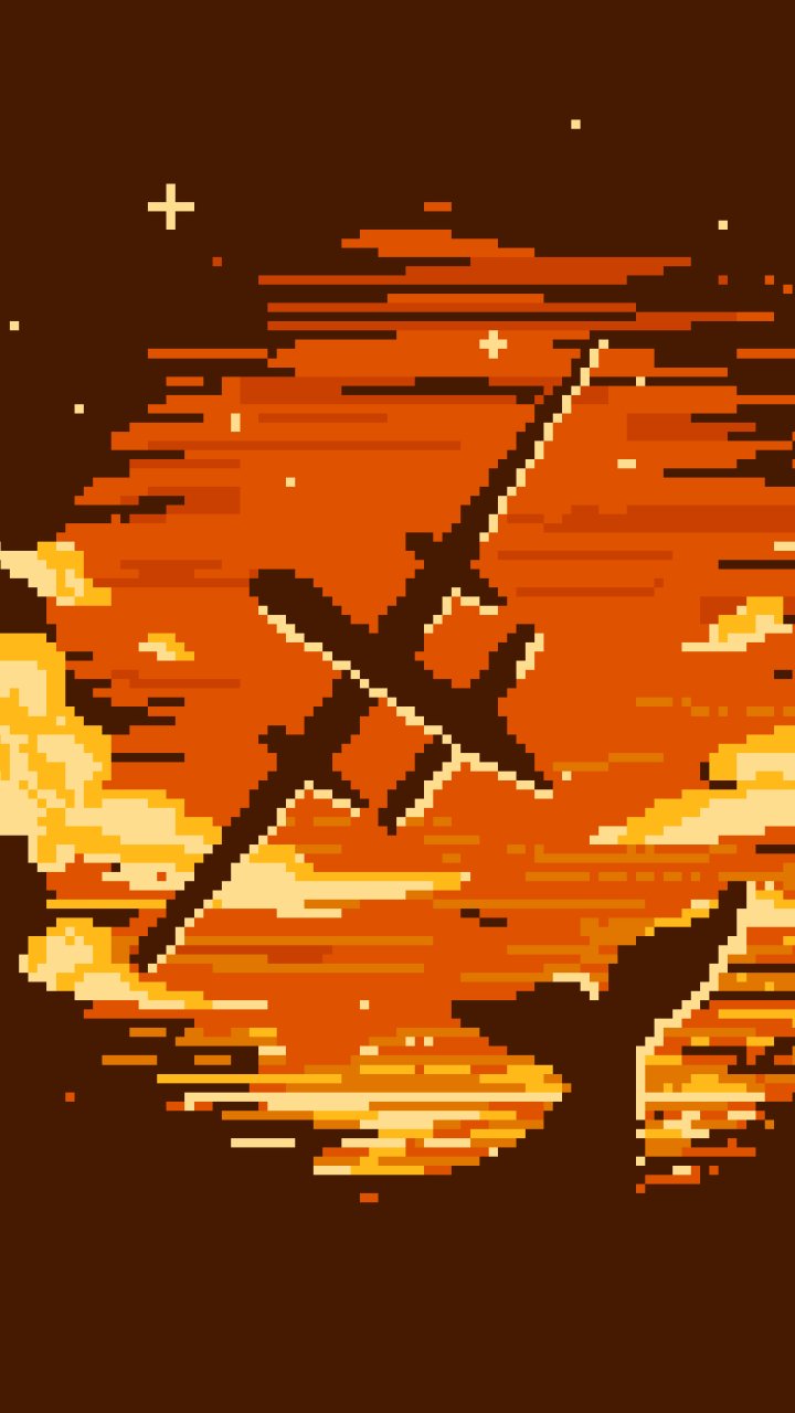 Pixel-art phone wallpaper of a silhouetted airplane crossing a glowing orange sunset globe, with pixel clouds and scattered stars.
