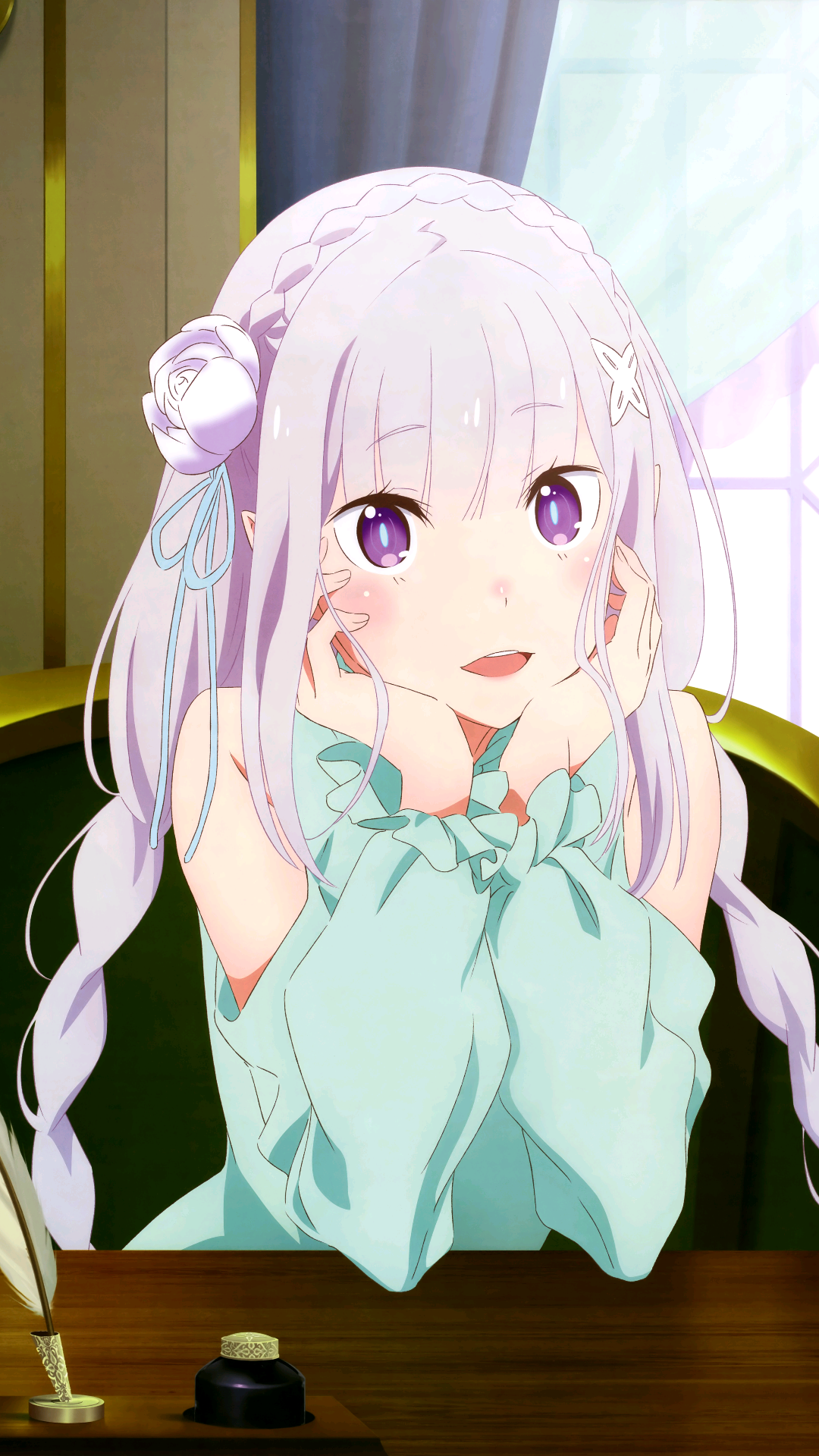 Phone wallpaper featuring Emilia from Re:ZERO anime, showcasing her with light purple hair and a soft expression in a bright, cozy room setting.
