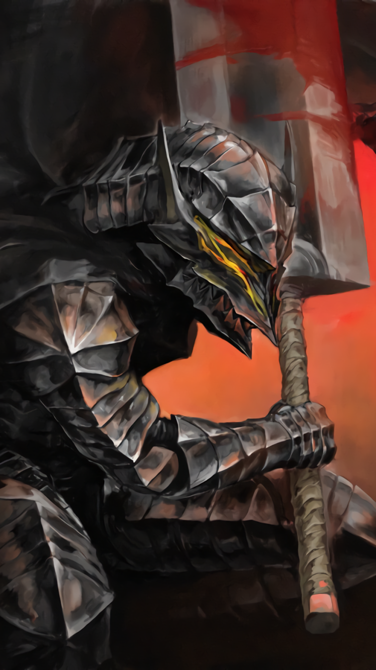 Phone wallpaper featuring a dark armored warrior from the anime Berserk, holding a massive sword against a red and black fiery background, designed for iPhone and Android.