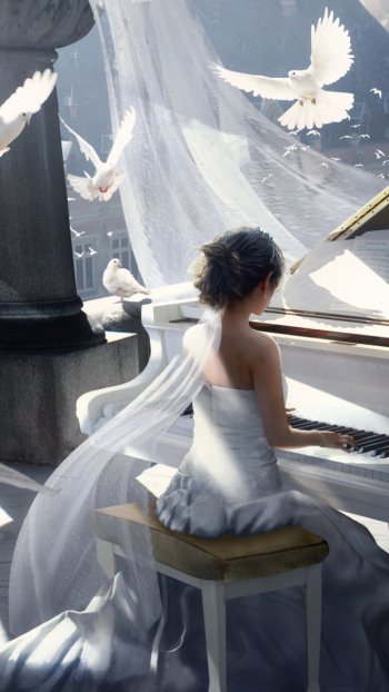 white dress dove bird piano instrument artistic painting Phone Wallpaper
