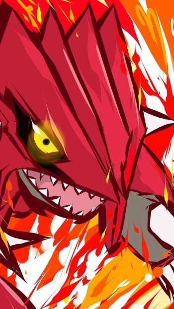 Groudon (Pokémon) close-up: fierce red scales, glowing yellow eye and jagged teeth amid explosive orange-white flames — video game phone wallpaper.