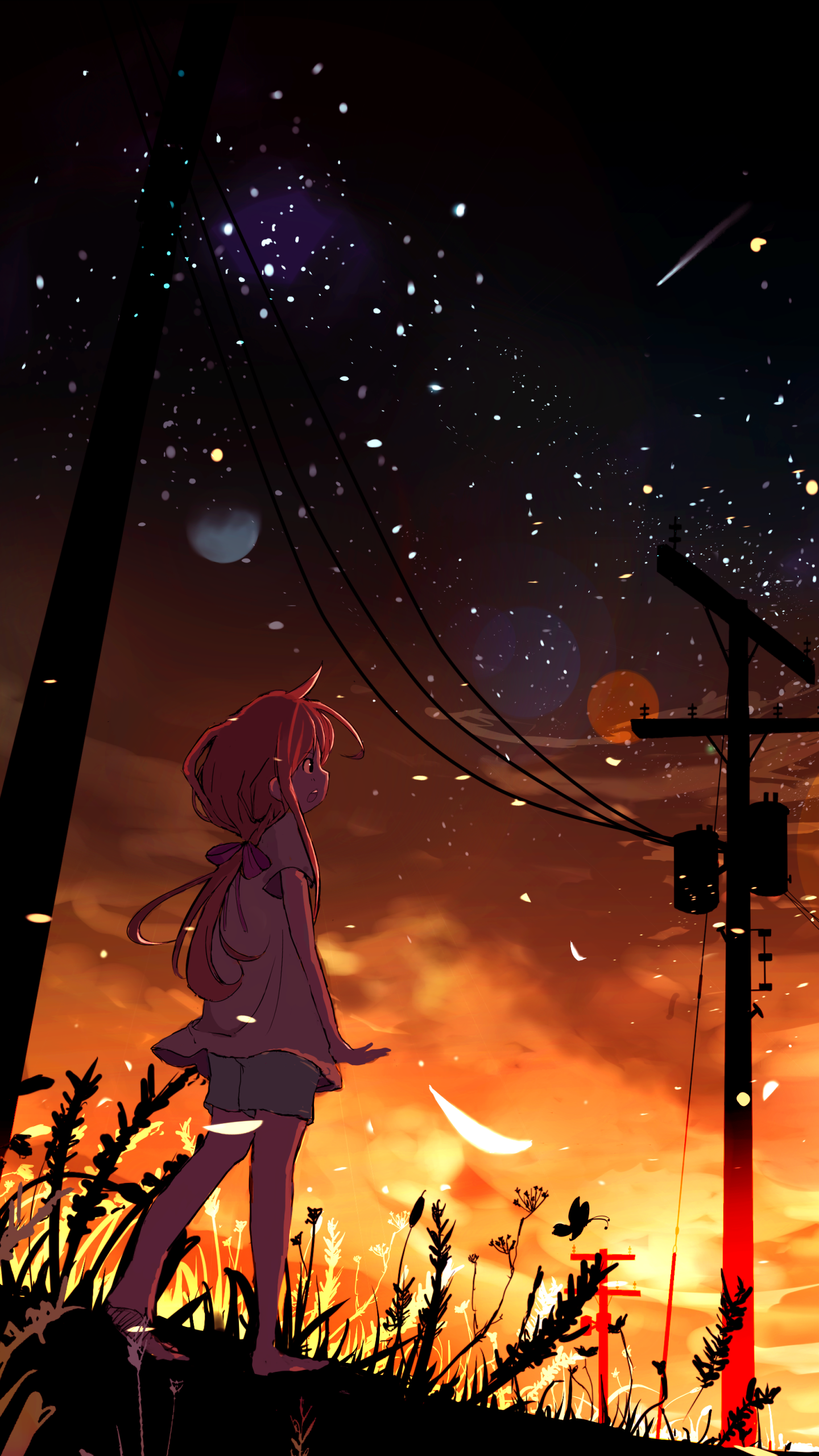 Anime original phone wallpaper: a girl in a hoodie stands in tall grass at sunset beneath a starry sky, silhouetted power lines and drifting embers.
