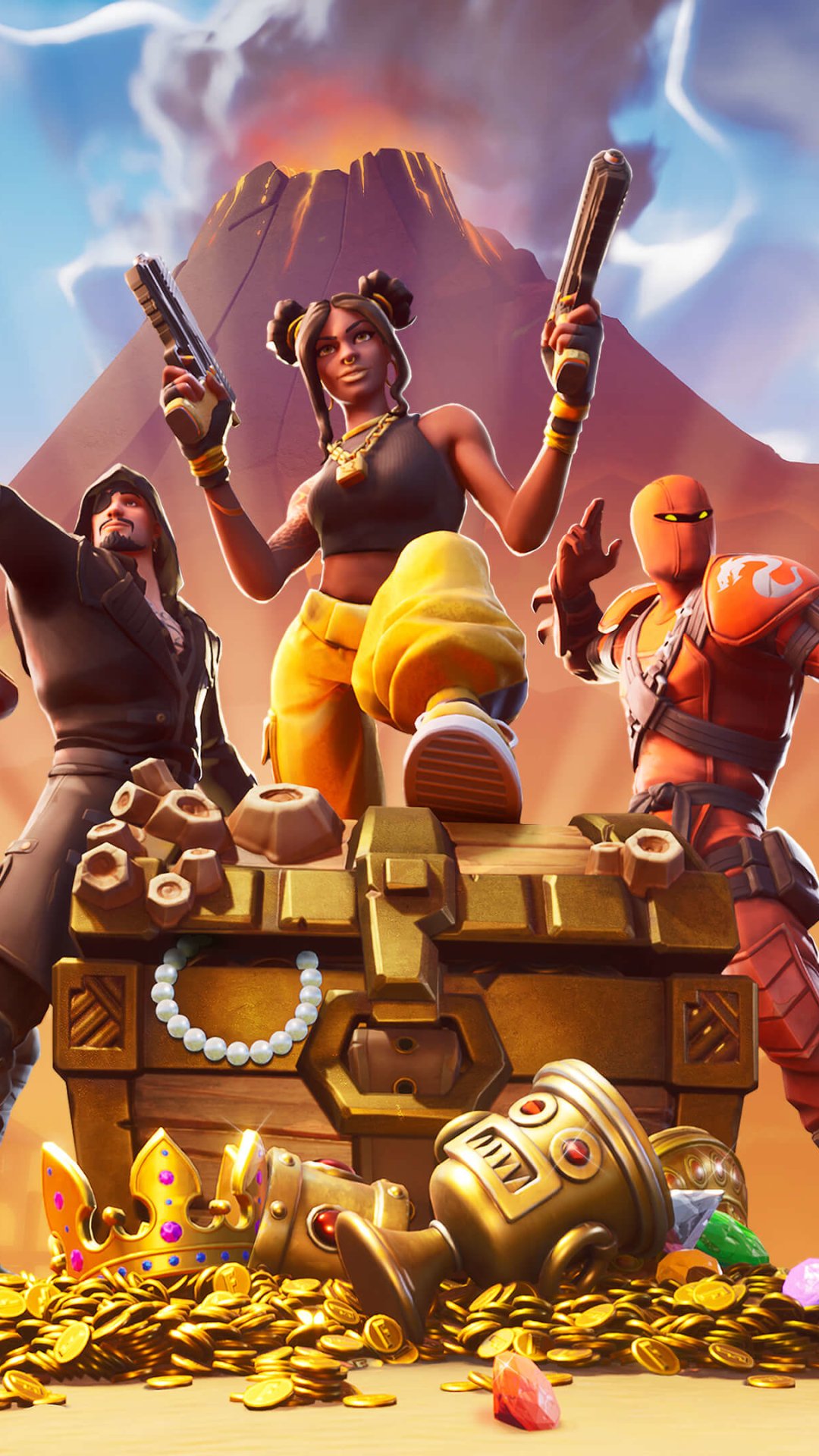 Fortnite-themed phone wallpaper featuring three characters standing behind a treasure chest filled with gold and jewels, set against a volcanic mountain background.