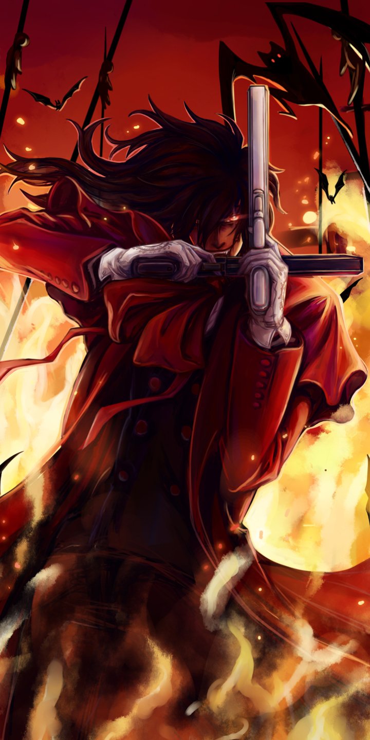Phone wallpaper of Alucard (Hellsing) from the anime Hellsing: red‑coated vampire lifts a pistol amid roaring flames and circling bats.