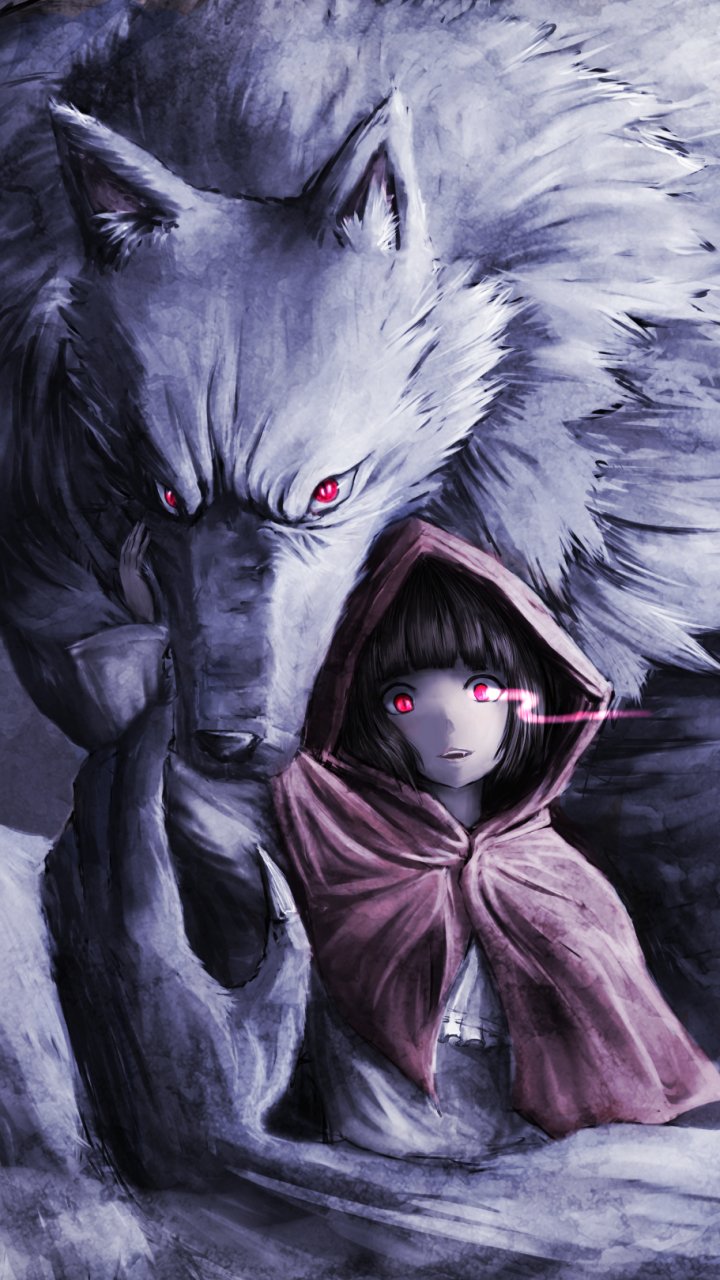 Phone wallpaper: a fantasy Red Riding Hood — a hooded child with glowing red eyes guarded by a massive white wolf with matching red eyes, dark mystical atmosphere.