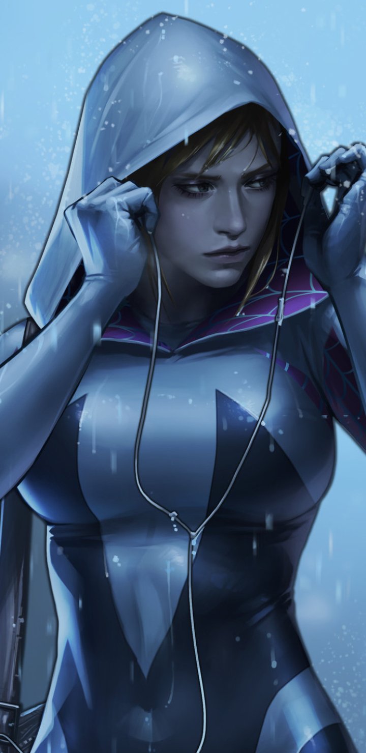 Phone wallpaper of comic Spider-Gwen in a hooded suit, rain-soaked, earbuds in, intense moody expression, rendered in stylized blue-gray tones.