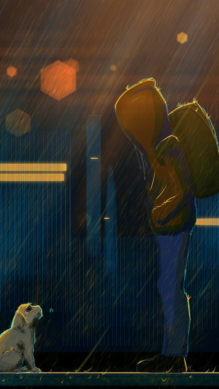 Artistic phone wallpaper showing a sad boy in a yellow raincoat standing in the rain, facing a small dog against a dark, rainy backdrop with warm light accents.