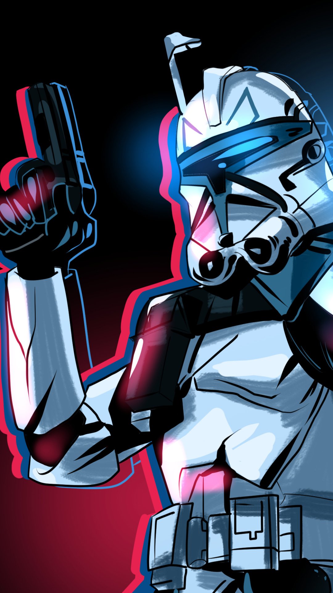 Stylized Star Wars stormtrooper holding a blaster, glowing red and blue outlines on a dark background, designed as a phone wallpaper for iPhone and Android devices.