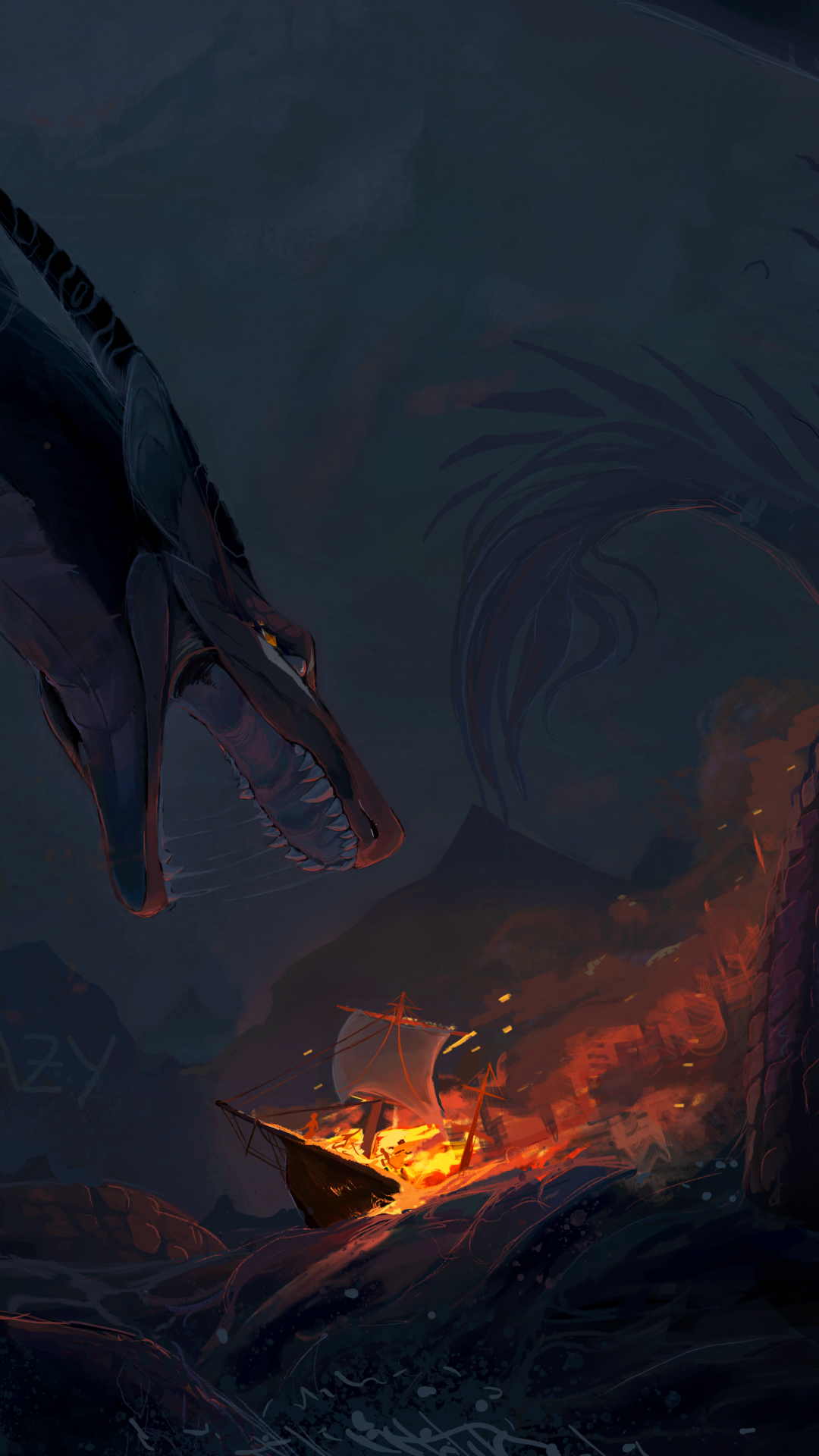 Phone wallpaper showing a small burning boat on stormy seas as a colossal fantasy sea monster rises from the depths.