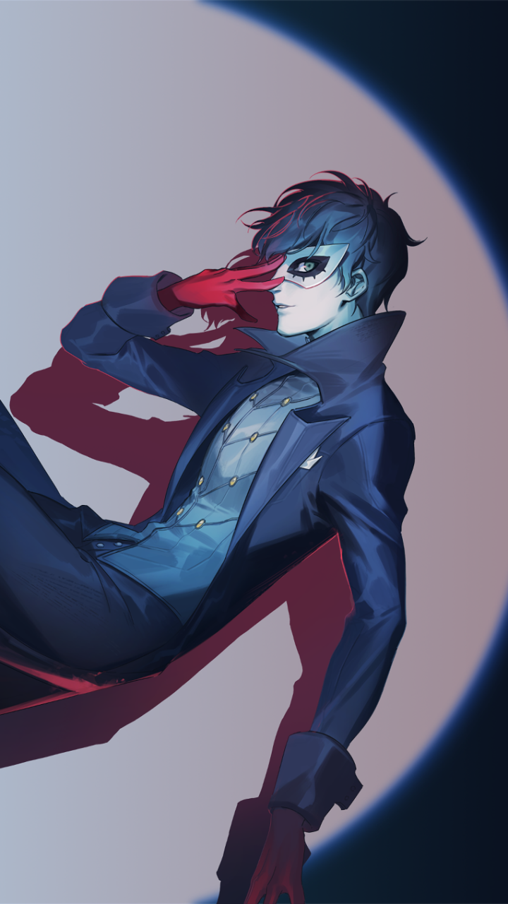 Phone wallpaper of Akira Kurusu from the video game Persona 5, reclining in a shadowed, stylized pose wearing a mask, red gloves, and a dark coat.