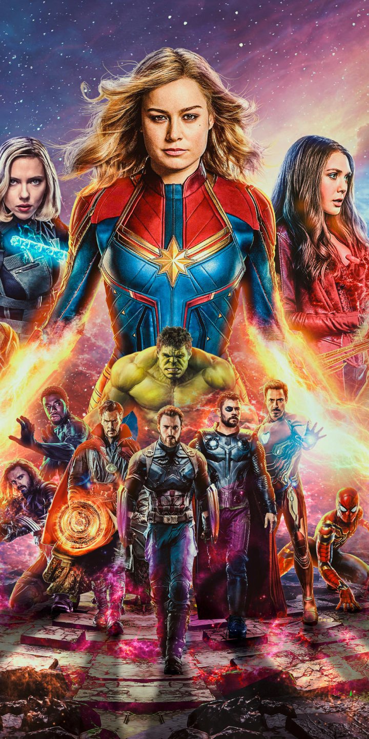 Phone wallpaper — Avengers: Endgame featuring Captain Marvel center, Scarlet Witch and Black Widow, plus Hulk, Cap, Thor, Iron Man, Spider-Man, Doctor Strange, Black Panther, Winter Soldier.