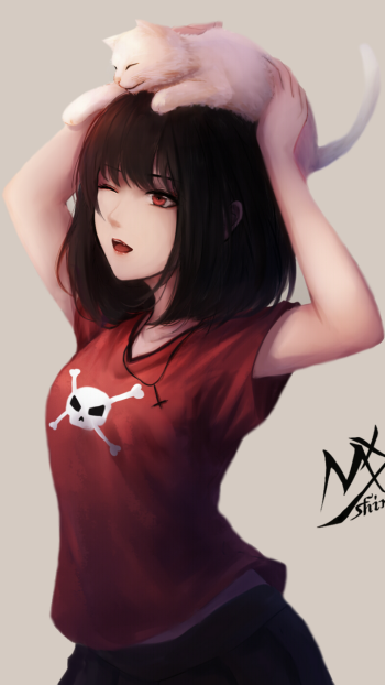 red eyes black hair short hair cat Anime girl anime girl anime cat Phone Wallpaper