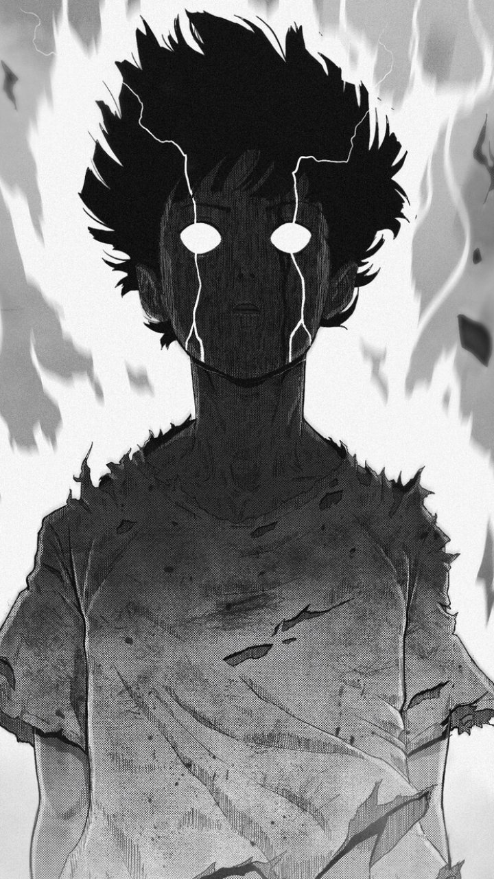Phone wallpaper of Mob Psycho 100 anime featuring a shadowed figure with glowing white eyes and wild hair against a fiery background, compatible with iPhones and Android phones.