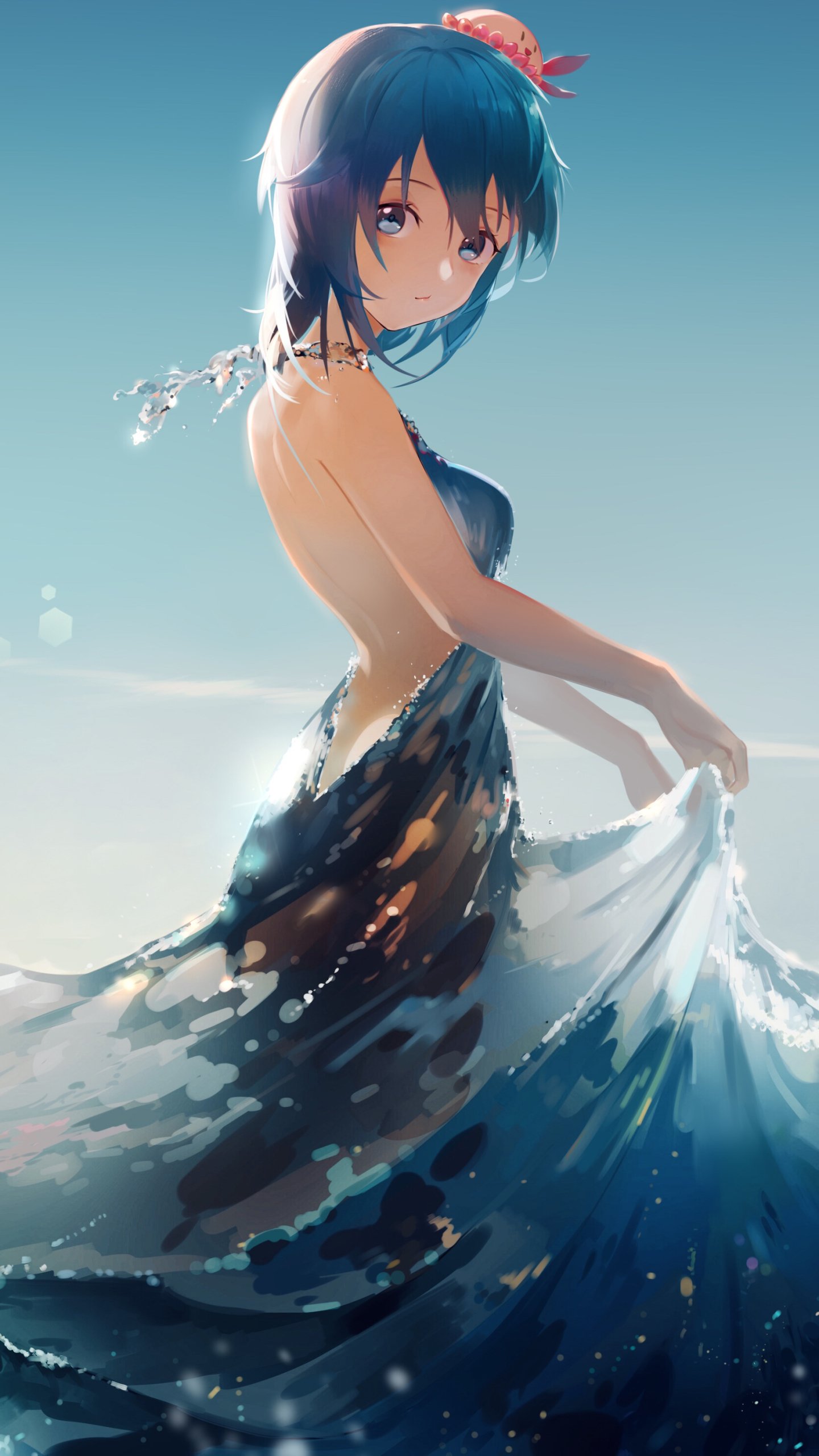 Anime-style original artwork of a girl in a flowing water-themed dress against a clear sky, designed as a vibrant phone wallpaper for iPhones and Android devices.