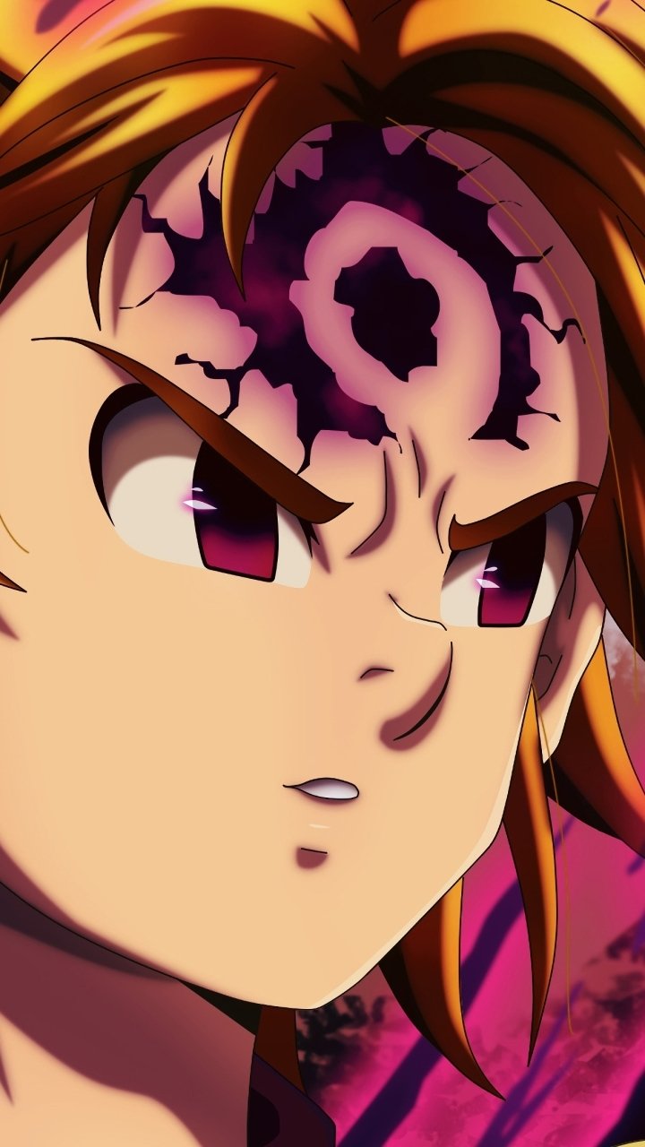 Phone wallpaper close-up of Meliodas from the anime The Seven Deadly Sins — fierce expression, glowing demon mark on his forehead and intense purple eyes.