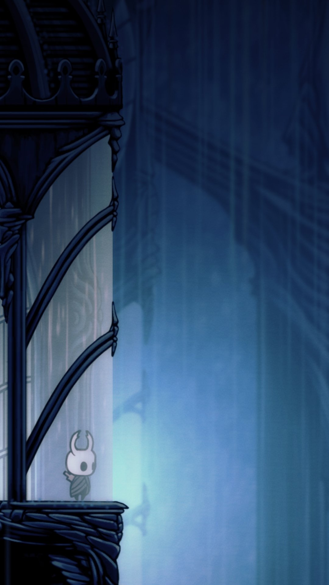 Phone wallpaper from the video game Hollow Knight: the small horned Knight stands on a gothic ledge, framed by towering blue columns and shafts of light.