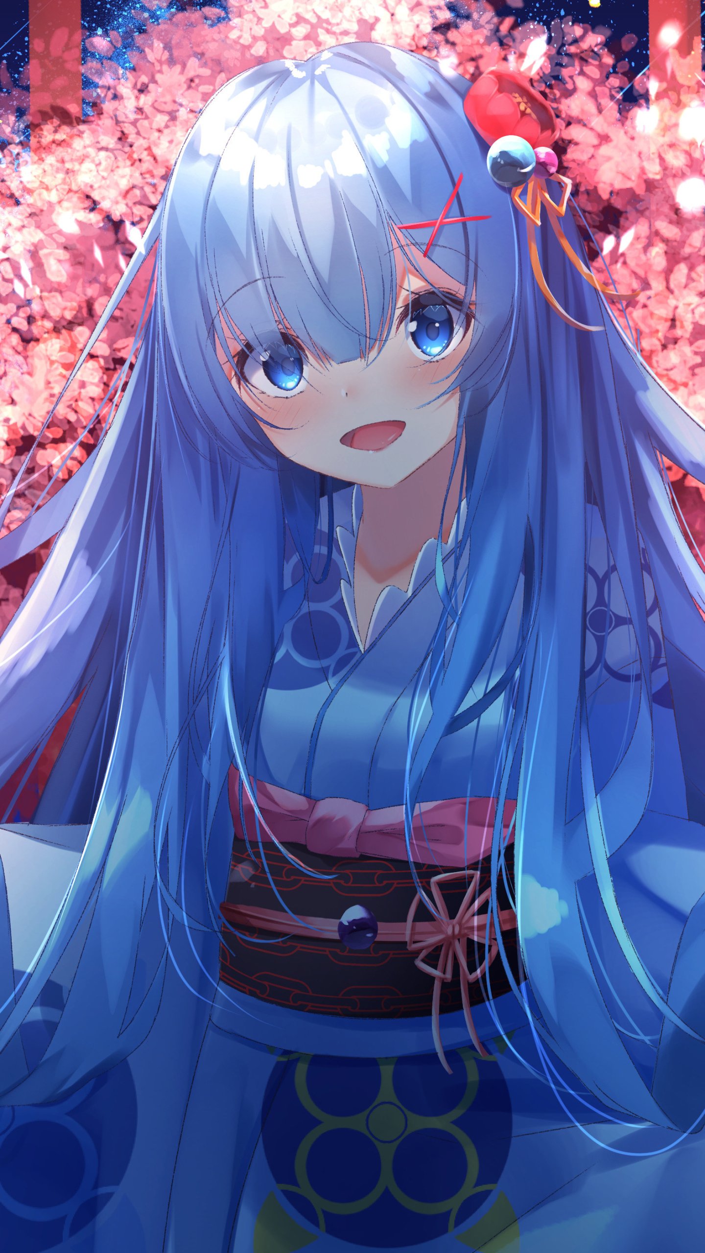 Phone wallpaper featuring Rem from Re:Zero - Starting Life in Another World: anime portrait of her long blue hair, glowing blue eyes, kimono, and a vivid cherry blossom background.