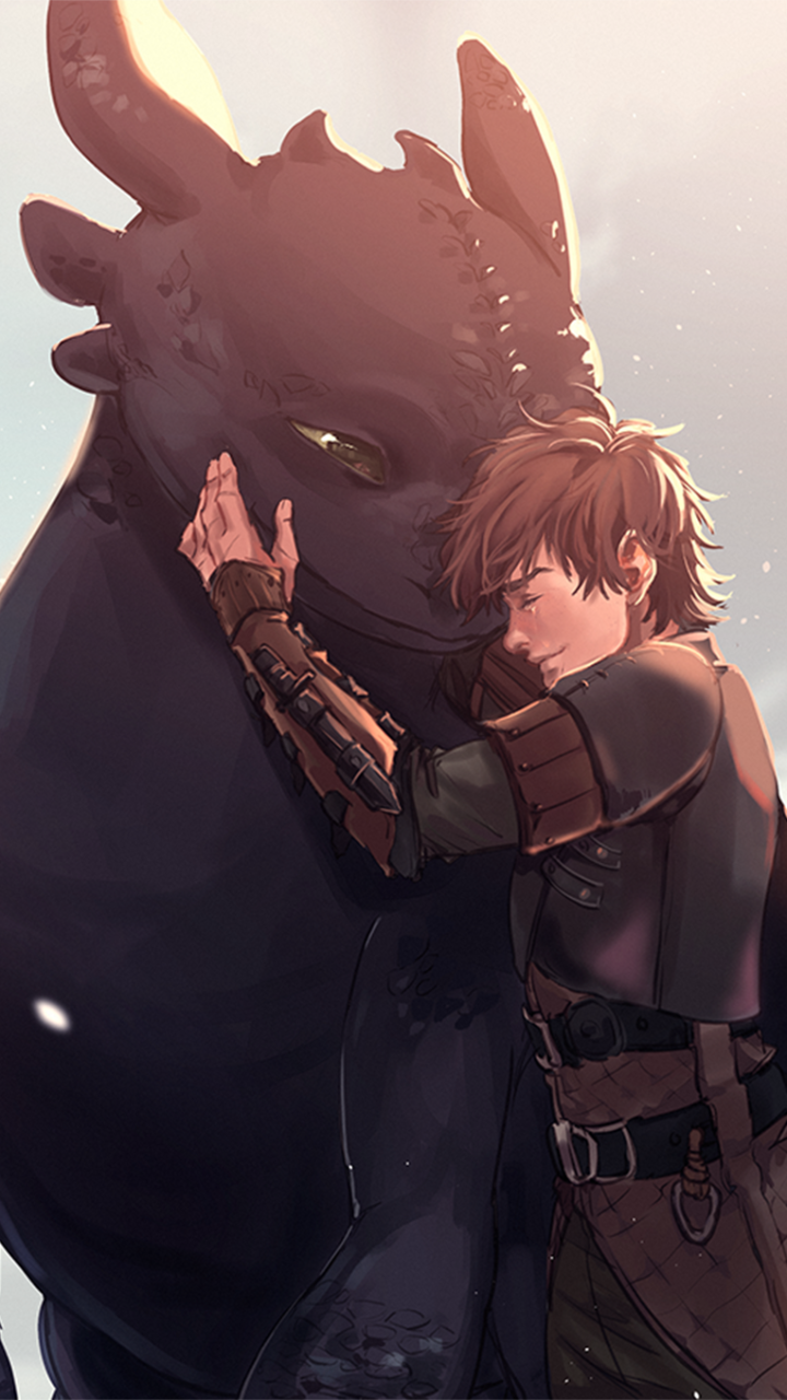 Phone wallpaper of Hiccup leaning against Toothless the dragon from How to Train Your Dragon: The Hidden World, bathed in warm, gentle light.