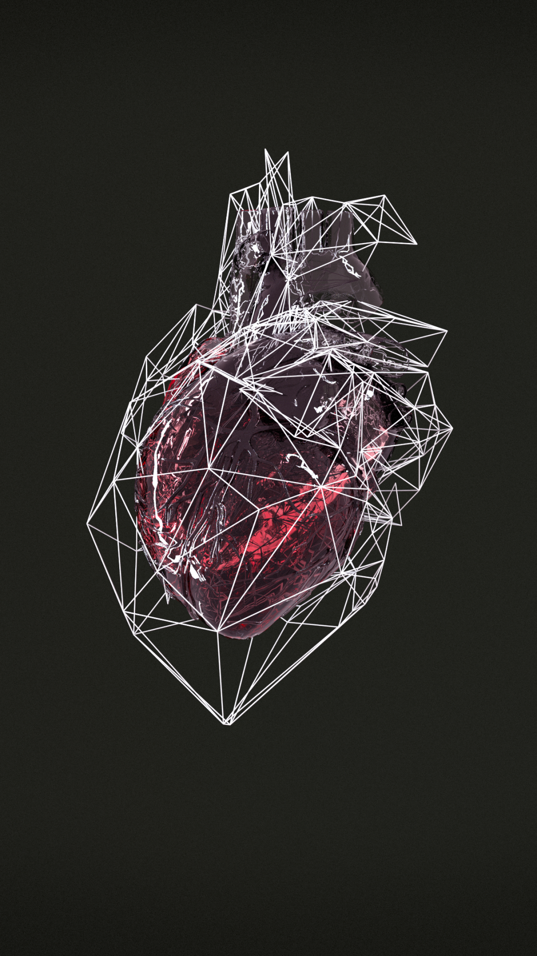 Artistic phone wallpaper of a red anatomical heart encased in a white polygonal wireframe against a deep dark background.