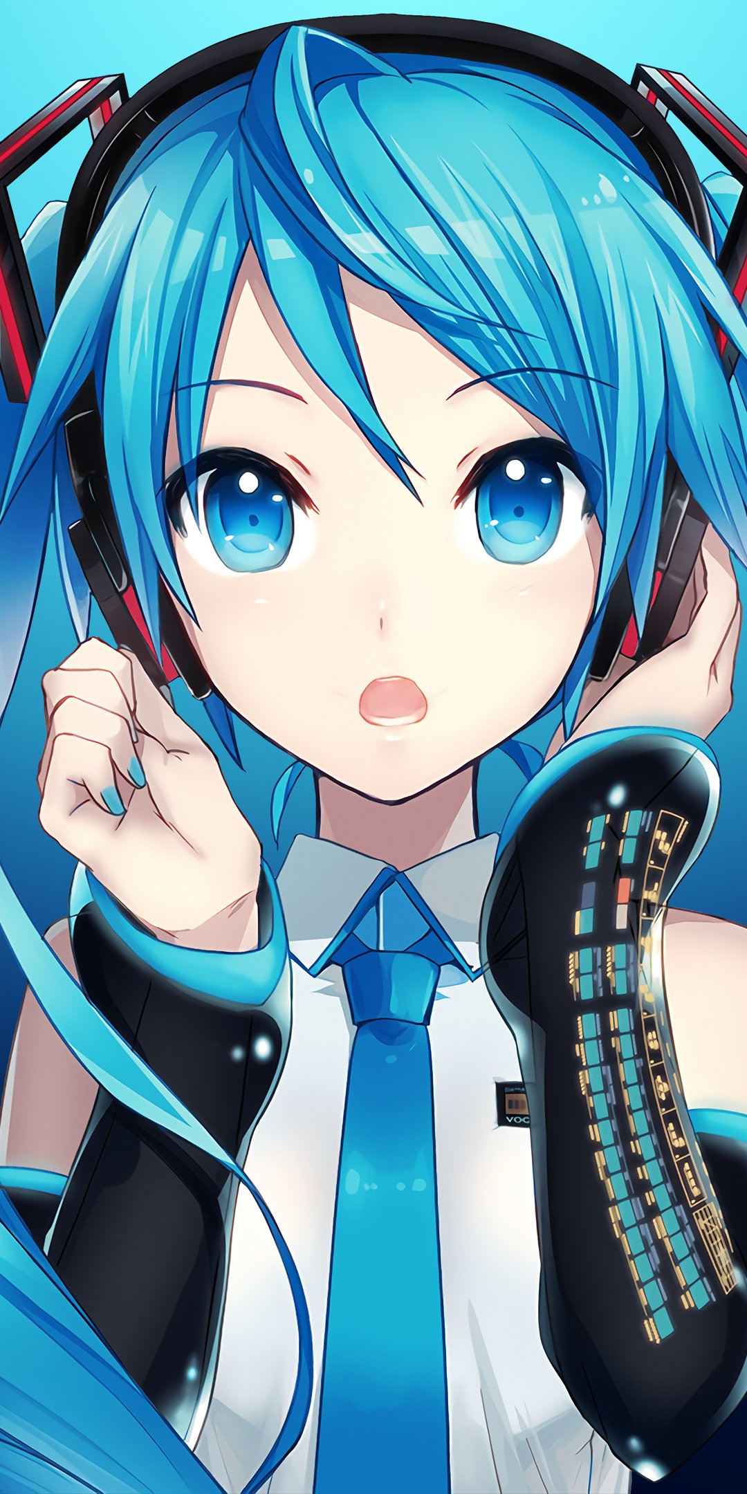 Vibrant anime wallpaper featuring Hatsune Miku with her signature blue hair and eyes, designed for clear display on iPhone and Android phone screens.