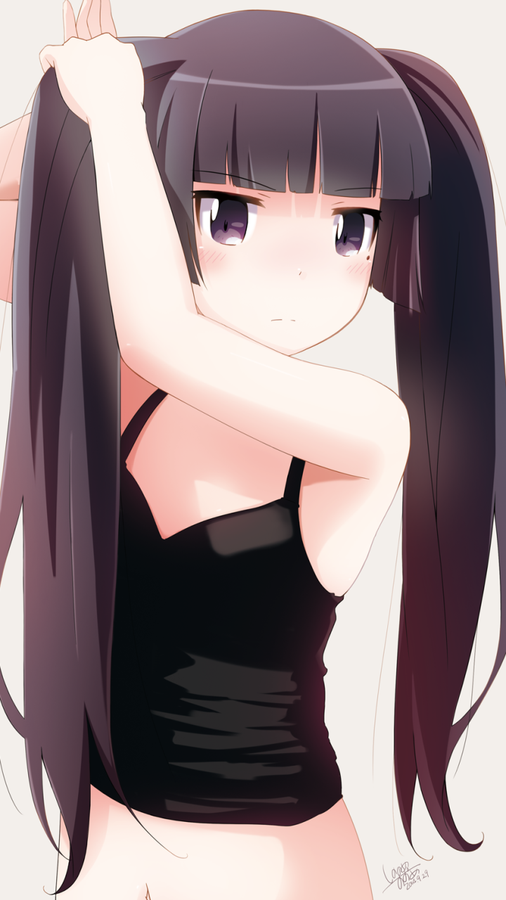 Phone wallpaper of Ruri Gokō (Kuroneko) from Oreimo — anime twin-tailed girl in a black camisole adjusting her hair with a calm, neutral expression.