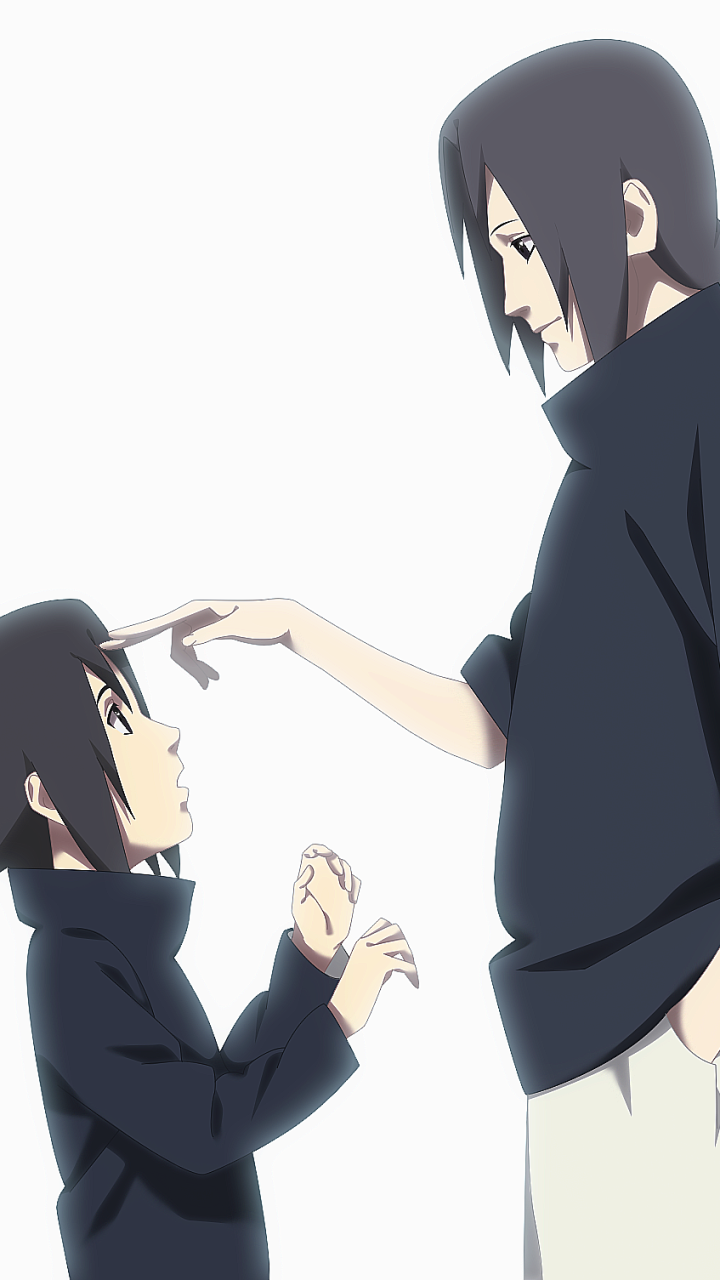 Vertical anime wallpaper of Itachi Uchiha gently touching young Sasuke Uchiha's forehead, depicting Naruto characters Sasuke & Itachi sharing a quiet, tender moment.