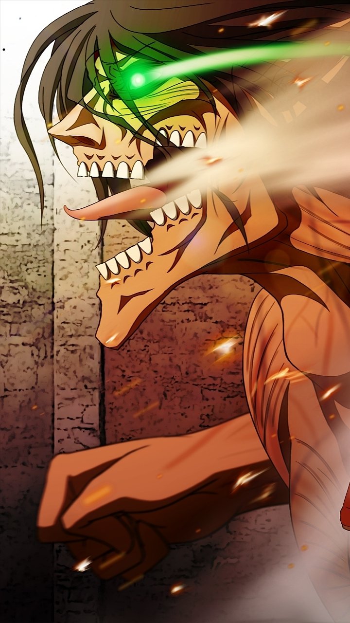 Attack on Titan anime phone wallpaper (iPhone/Android): roaring Eren Yeager in Titan form, glowing green eye, exposed muscles and dust streaks; Rico Brzenska tag.