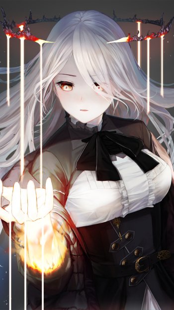 Anime girl with long white hair and glowing weapons, designed as a phone wallpaper that fits both iPhone and Android displays.