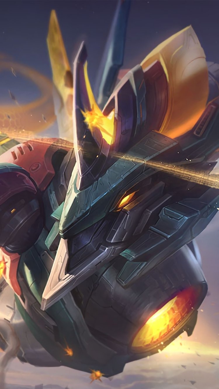 Phone wallpaper of Aurelion Sol from the video game League of Legends: a mechanical cosmic dragon with a glowing star core and metallic armor streaking through space.