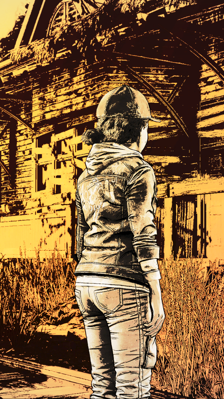 Phone wallpaper of Clementine from the video game The Walking Dead: The Final Season — back view as she faces a weathered barn in stylized orange-and-black art.