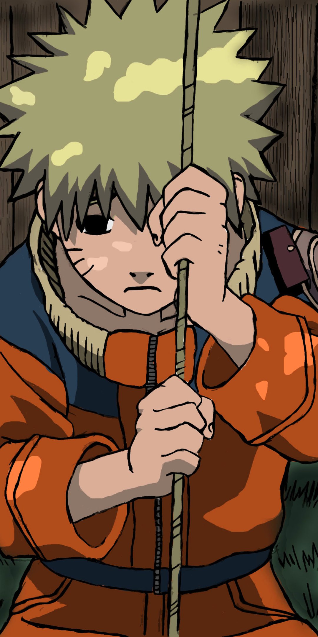 Phone wallpaper (iPhone/Android) of Naruto Uzumaki from Naruto: young Naruto in orange jumpsuit clutching a rope, somber expression, vertical anime composition.