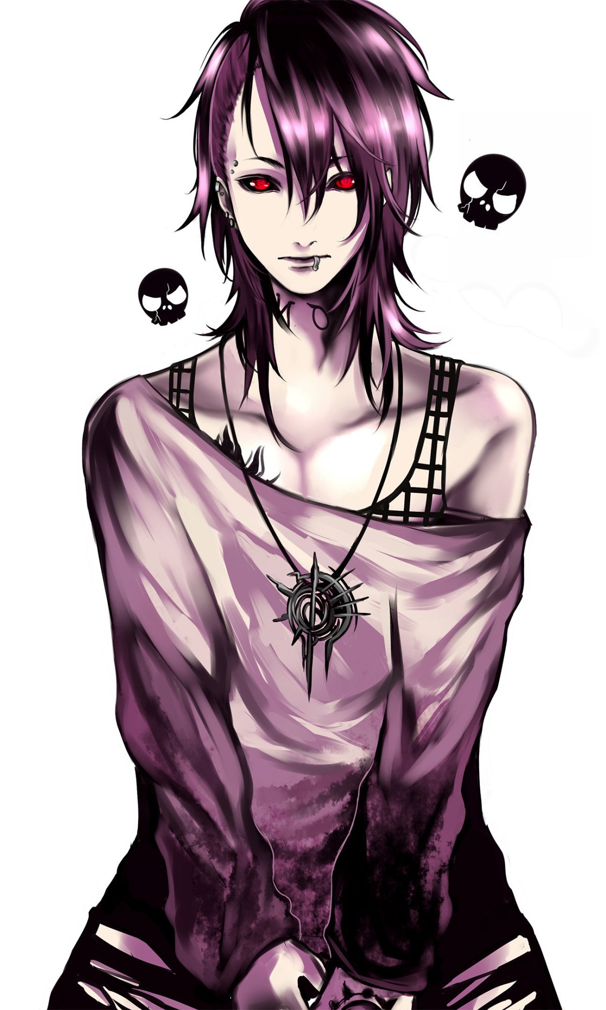 Phone wallpaper featuring Uta from Tokyo Ghoul: pale, red‑eyed, purple‑haired figure in an off‑shoulder top, dark necklace and skull motifs, eerie smile and slender, tattooed torso.